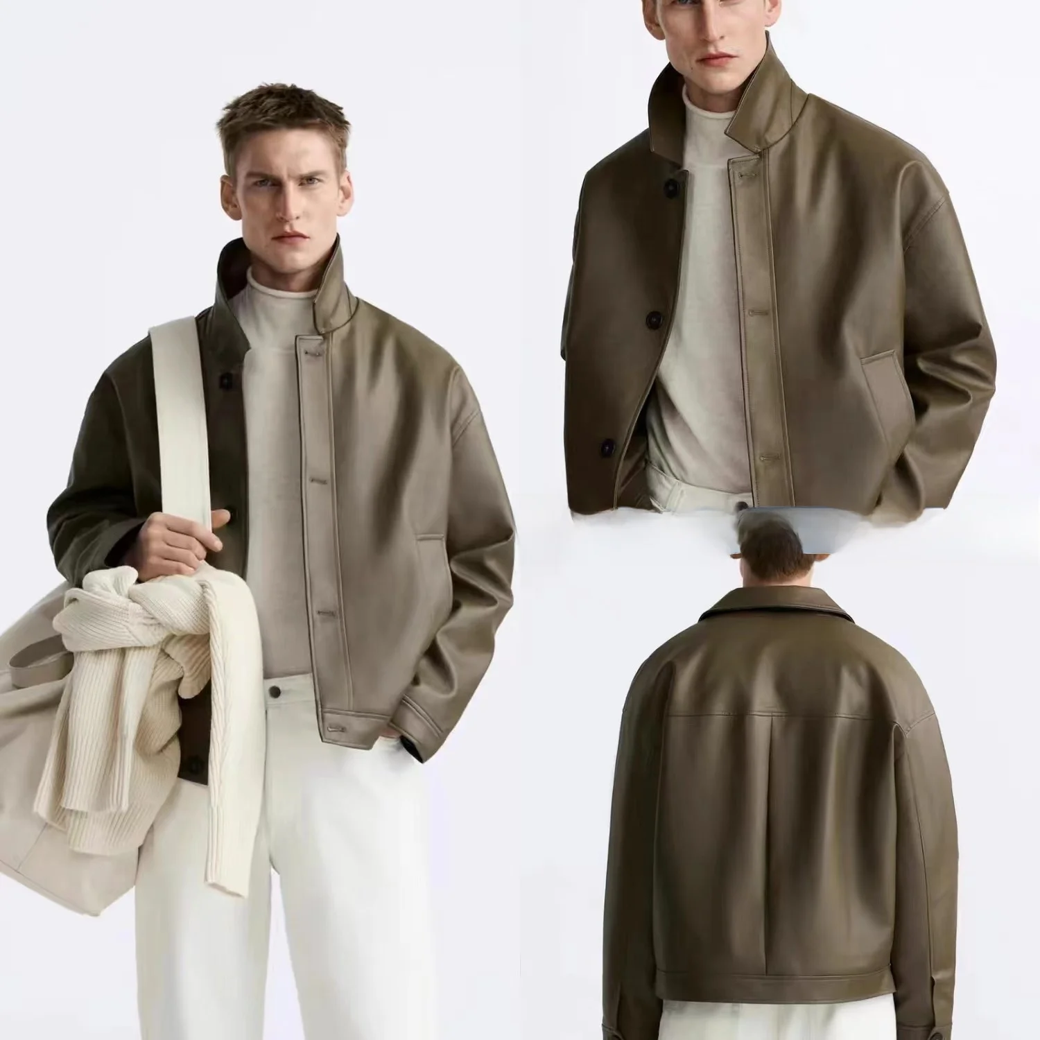 

Мужская повседневная кожаная куртка с воротником, весна 2024, новинка, модный ретро-стиль, длинный рукав, приталенный крой, молодежный тренд