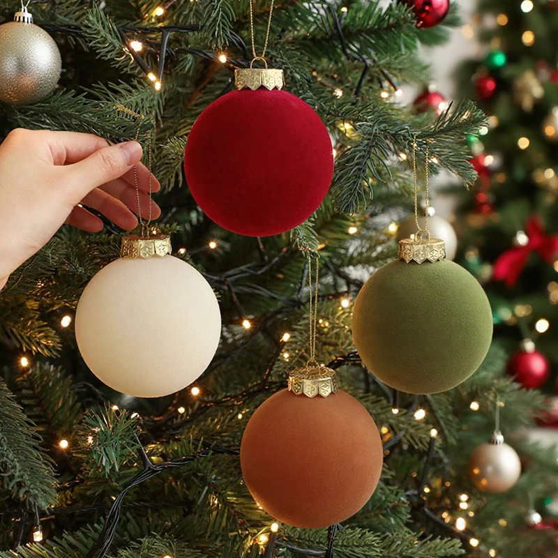 

8CM 6ps Plastic Flocking Christmas Ball Colored Hanging Christmas Tree Ornaments Party 2025 New Year Navidad Window Decoration