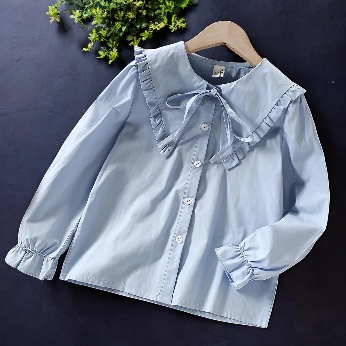 Kids Ruffle Blue School Shirts for Girls Blouses White Spring Autumn Longsleeve Children Clothes for Teenager 6 8 10 12 13 Years