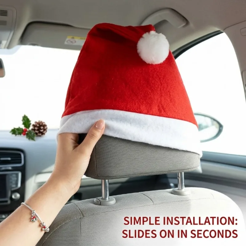 Christmas Santa Hat Car Non‑woven Headrest Cover Xmas Auto Seat Head Rest Protector Festive Interior Decoration for Most Car
