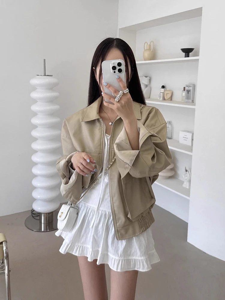 

Sli Retro Biker Jaet Zipper Long Sve Collared Loose Fit Women's ort PU Leather Coat Autumn New Arrival
