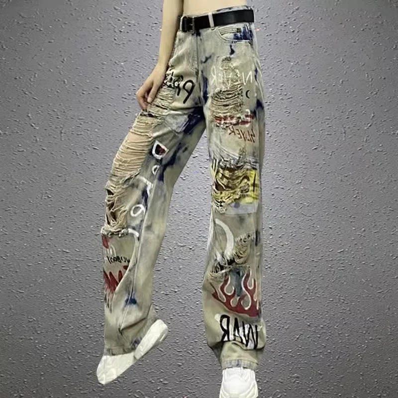 

New Trendy Printed Personalized High Waisted Jeans Female Singer Hip Hop Jazz Dance Stage Performance Clothing Fashion Pants