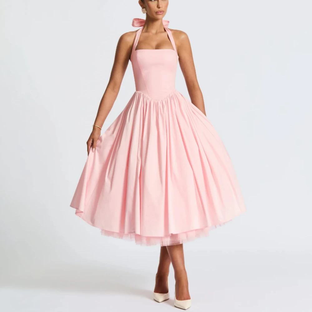 

Pink Evening Dress A Line Halter Neck Tea Length Evening Gowns for Women 2025 Pleat Wedding Evening Dresses Customized