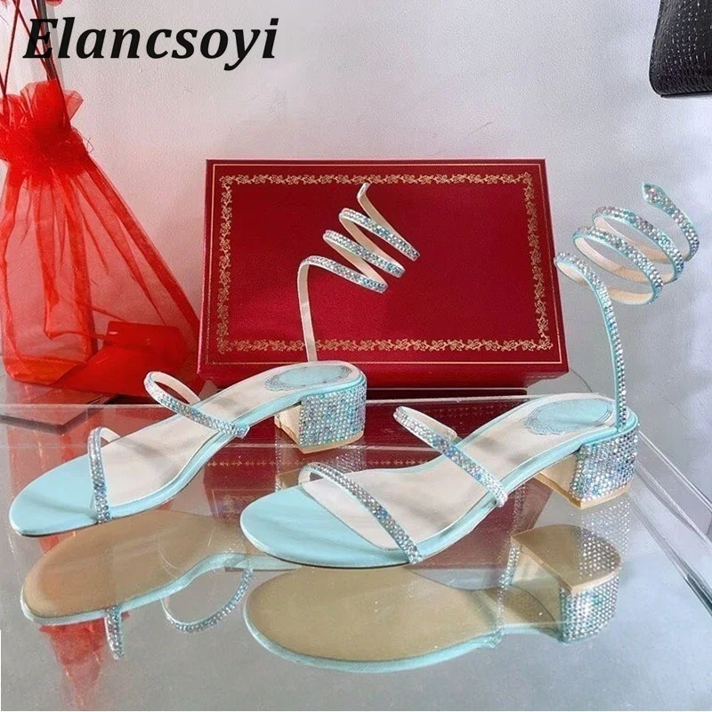 Fashion Mid Heels Sandals Women Shiny Rhinestone Ankle Snake Shaped Winding Party Shoes Summer Chunky Heels Sandalias 2026