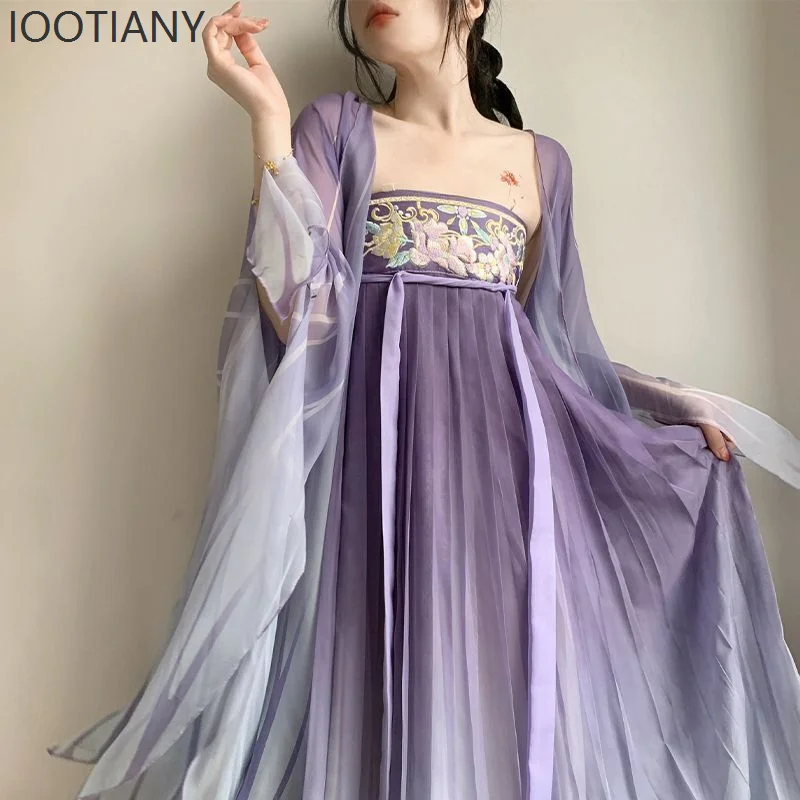 IOOTIANY Abito Hanfu Cinese Dinastia Tang Adulto Viola Femminile Costume Antico Gonna Ricamato Maniche Larghe Vestito Stampato