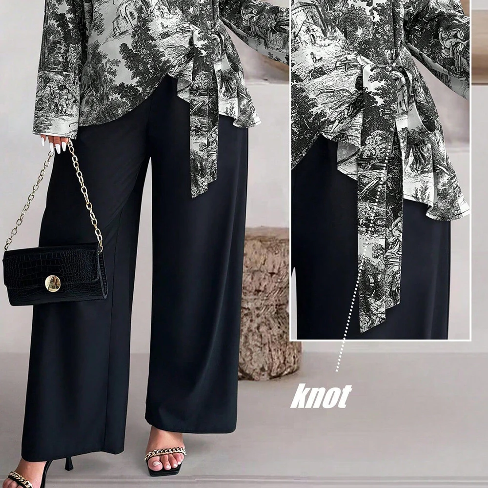 Women Plus Size Vintage Castle Printed Two-Piece Set Lace-Up Casual Round Neck Long Sleeves T-Shirts Straight Loose Pants Sets