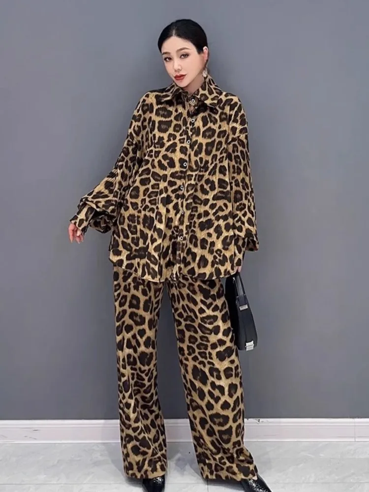 Fashion Leopard Print 2 Pieces Pants Set Women Loose Long Sleeve Shirts Wide Leg Pants Outfits Autumn Female Vintage Streetwear image 5