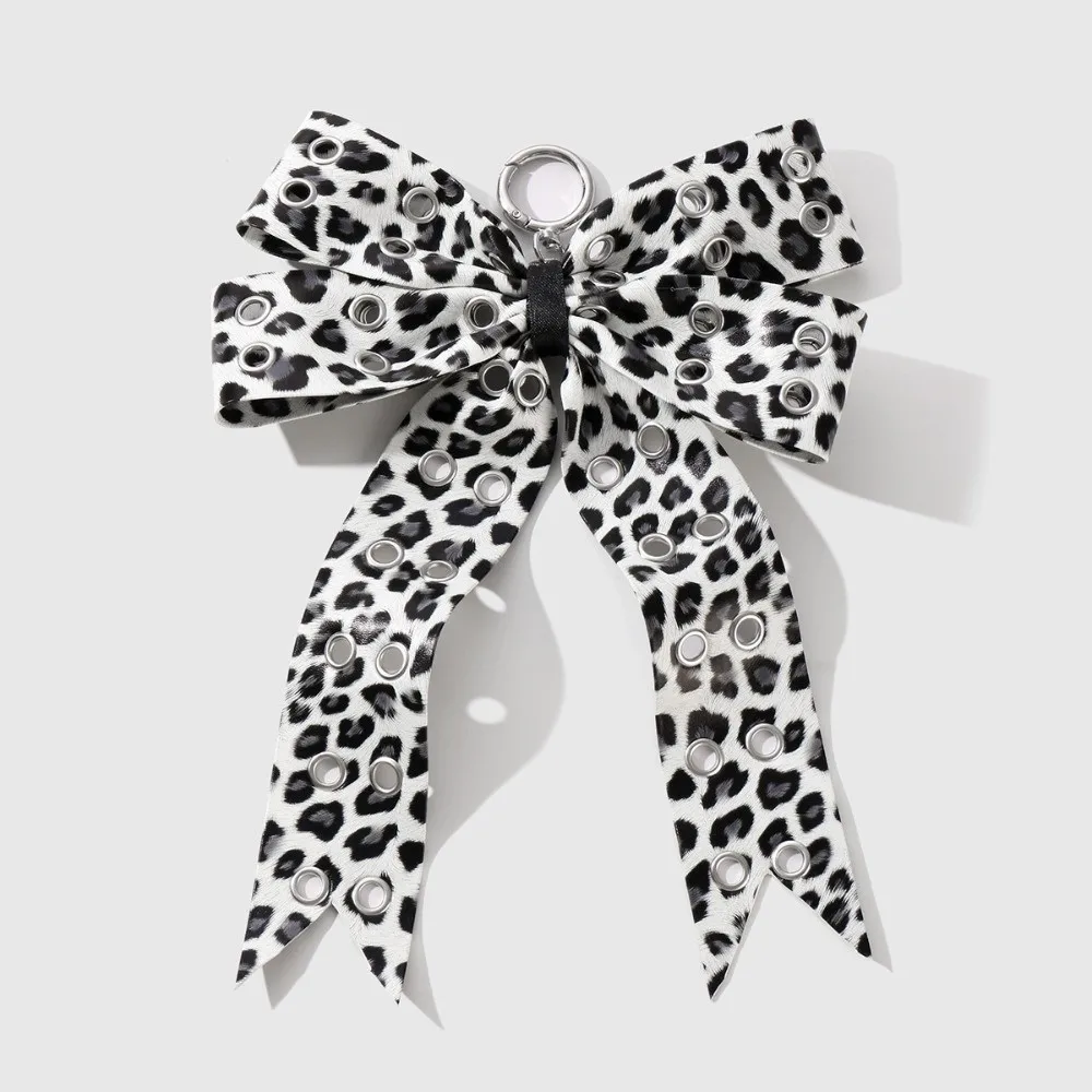 Fashion Star Rivet Bow Keychain Ribbon Punk Cross Pendant Leopard Print Gothic Y2K Keyring Backpack Decor