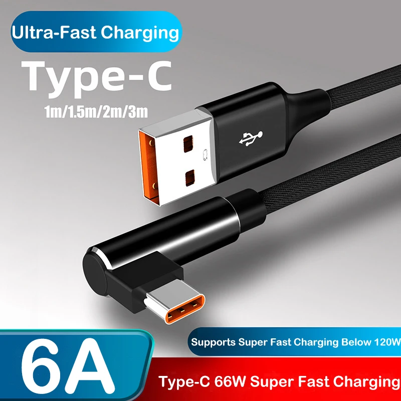6A 66W Elbow Super Fast Charging Type C Cable for Huawei Mate 50 P60 Nova 11 Honor 100 X9b Xiaomi Redmi POCO USB C Charger Cable