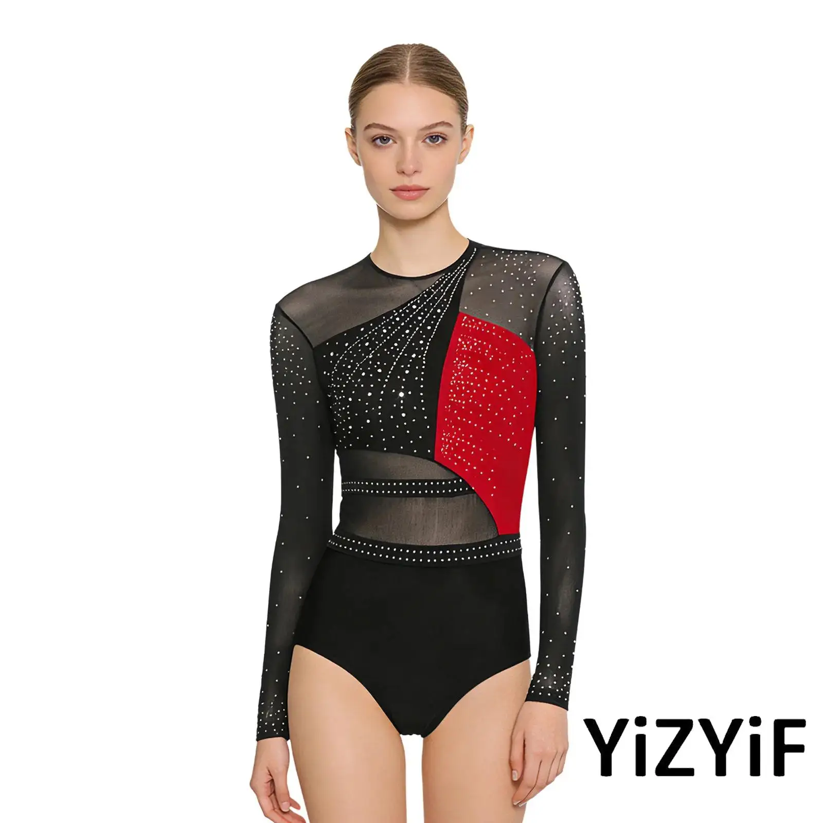 

Women Gymnastics Latin Ballet Competition Dance Leotard Shiny Rhinestone Sheer Sleeve Color Block Patchwork Bodysuit Jumpsuit