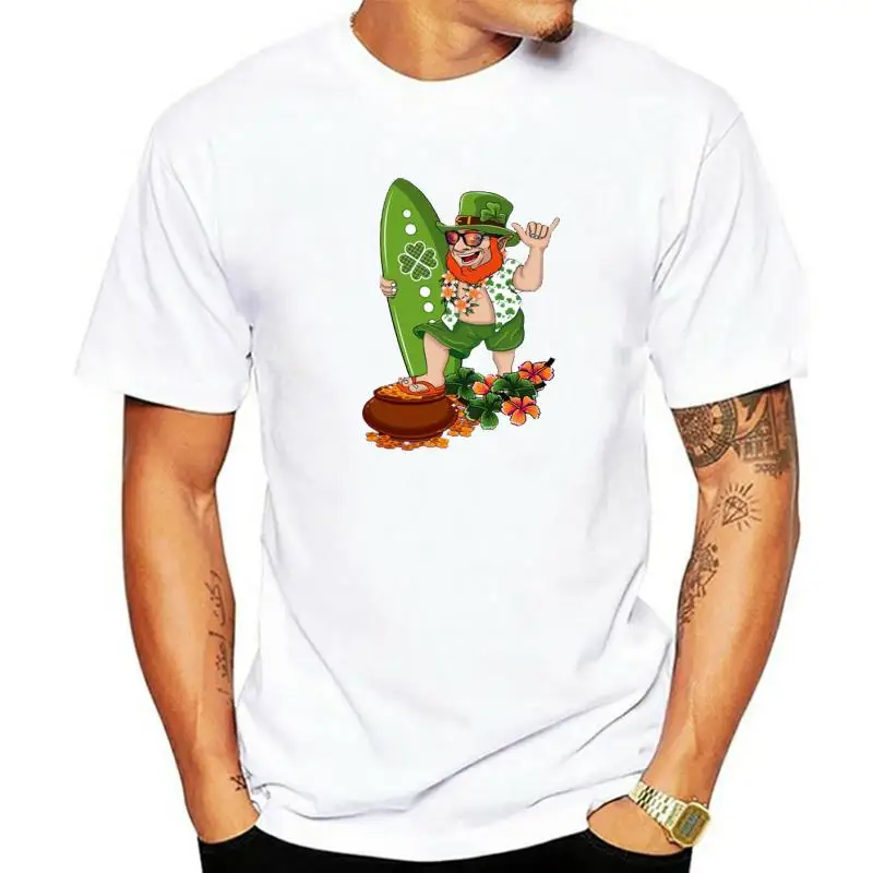 100% Cotton St Patricks Day Green Leprechaun Mens Hawaiian Irish Leprechaun Surfer Gift Unisex Men's Novelty T-Shirt Casual Tee