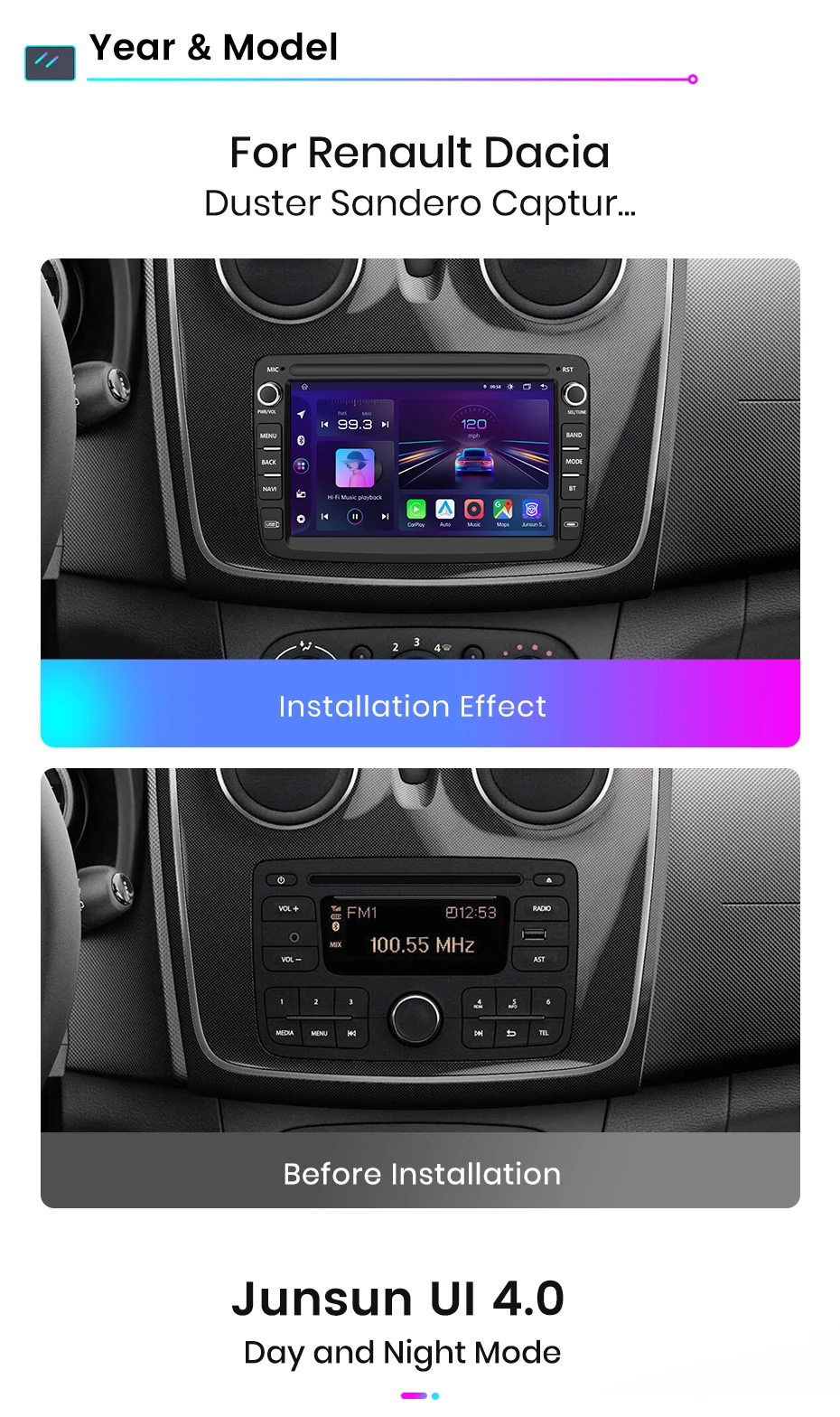 Junsun 7" Wireless Carplay Android Auto Autoradio für Renault Dacia Duster Sandero Dokker Logan Captur GPS RDS Multimedia Player – Detail 4