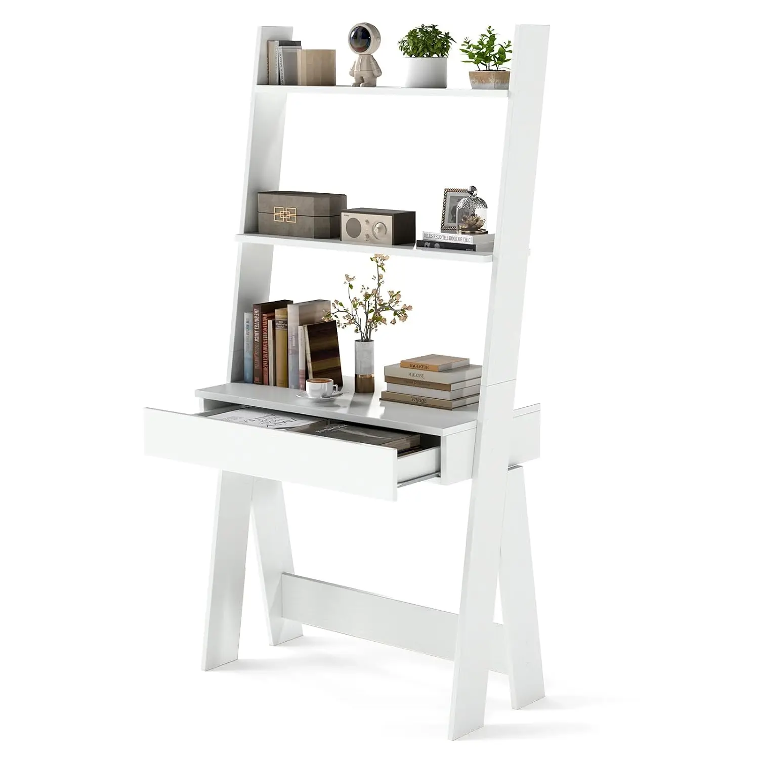 Ladder Desk with Countertop Drawer & Open Shelves, Wall-Leaning Computer Table for Small Space Office, Customized