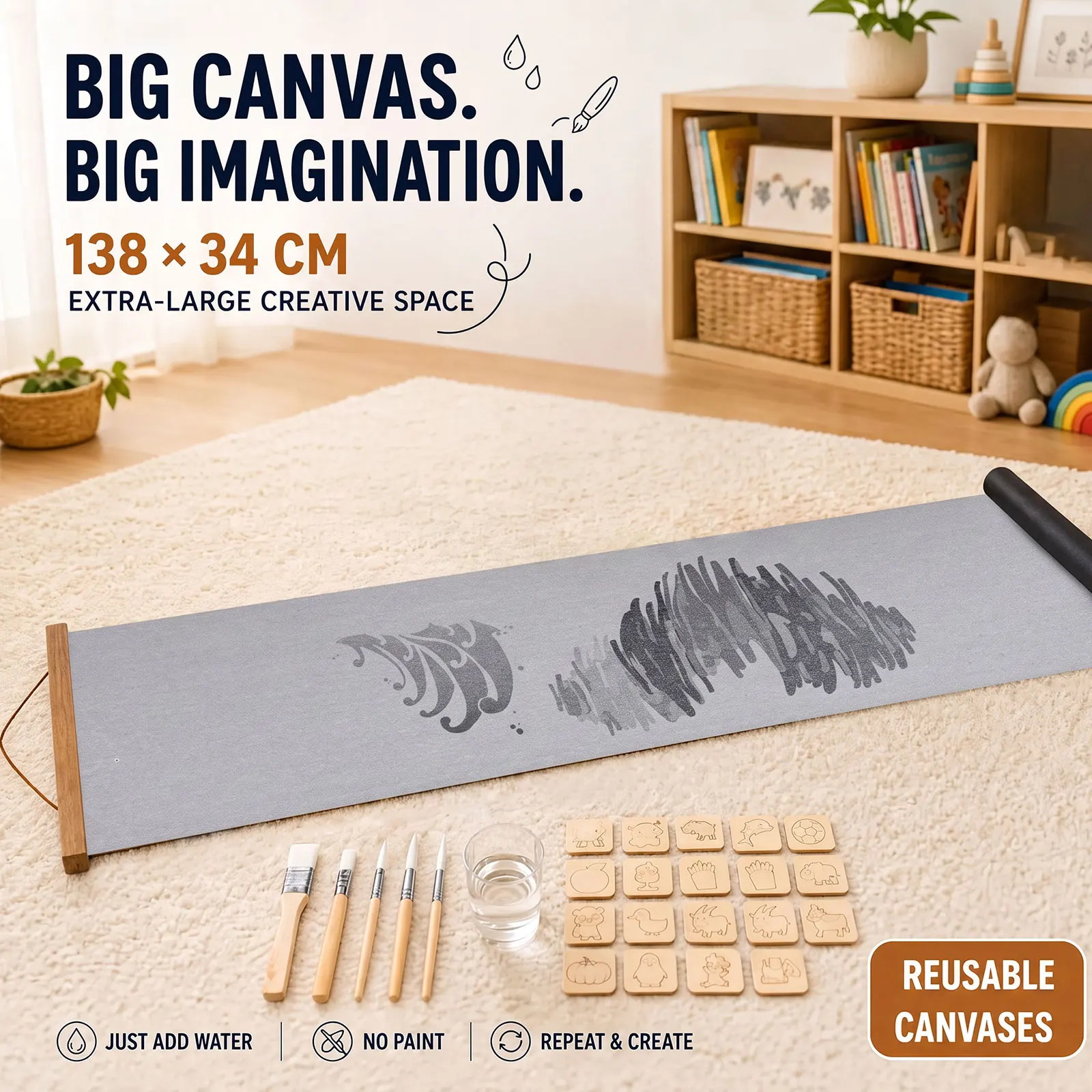 Reusable Water Painting Canvas with Magnetic Frame Water Reveal Drawing Water Painting Cloth for Kid Home Classroom Travel Paint