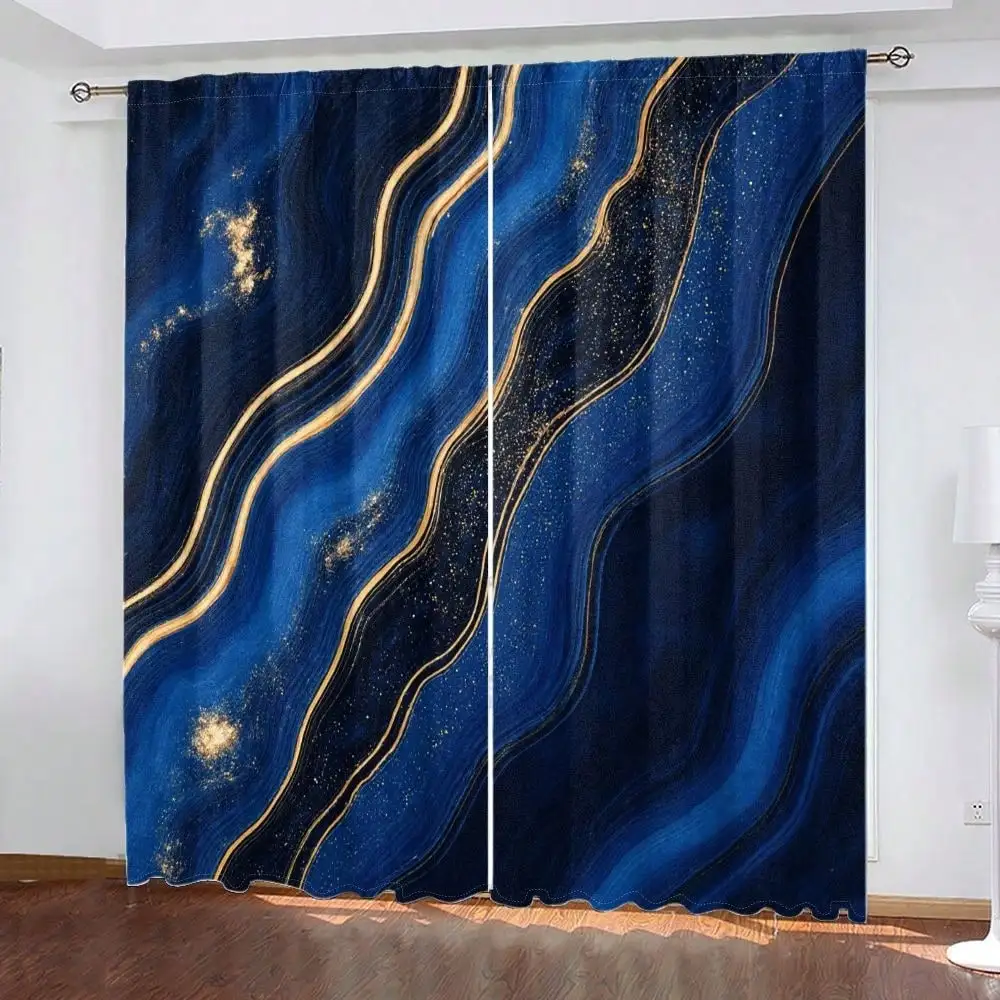 Set Of 2 Blue Agate Marbled Curtains, Polyester With Golden Veins & Sparkles, Elegant Abstract Pattern For Upscale Home Decor