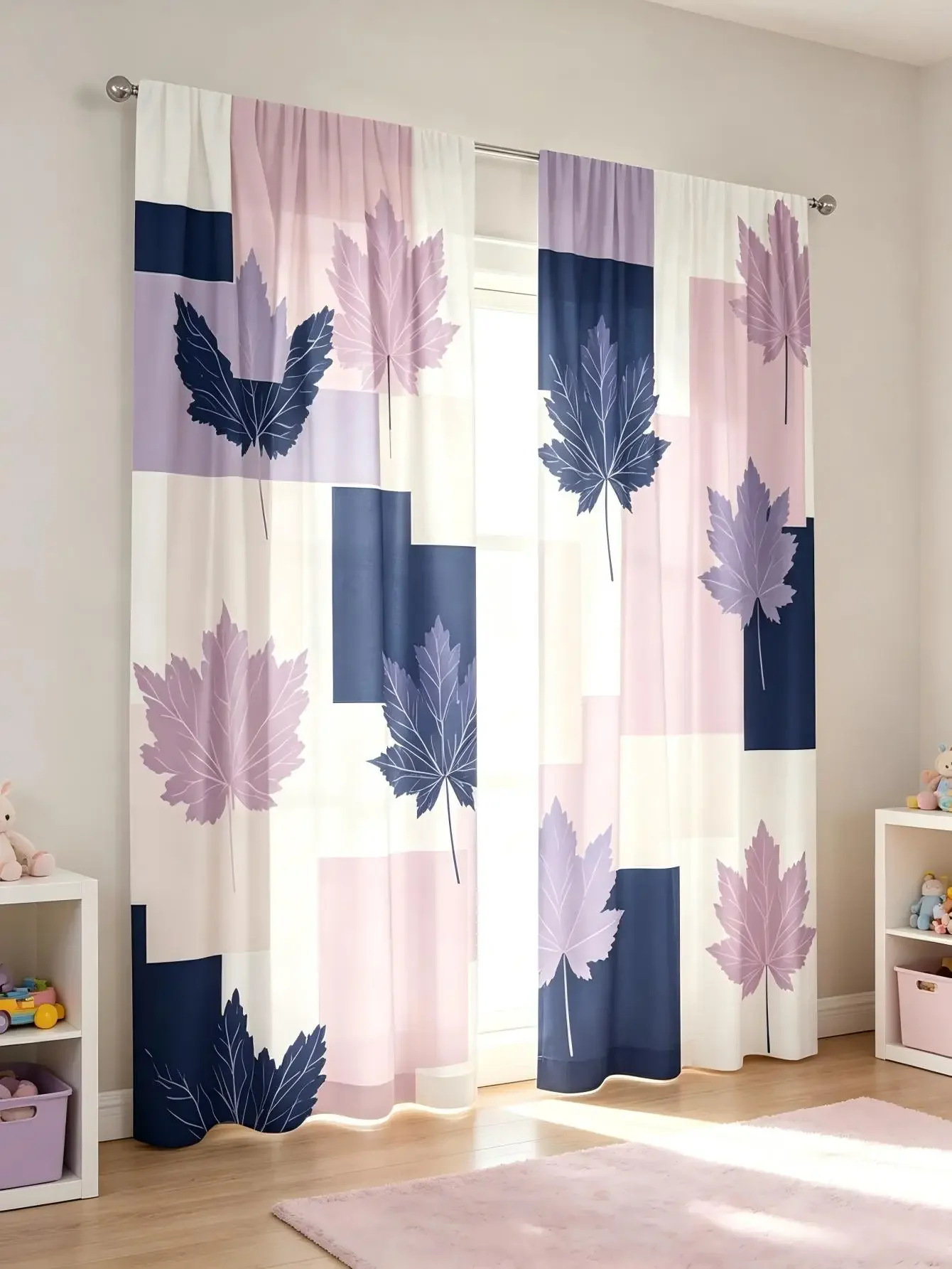 2PCS Digital Print  Curtain, Geometric Maple Leaf, Bohemian Style  Curtain Panel for Home Living Room Bedroom Decor