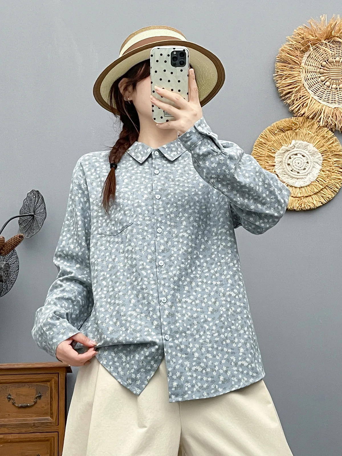 

Enianechu Middle-aged Women's Clothes Cotton Yarn Print Lapel Long Sleeve Shirts and Blouses Autumn Women's Clothing