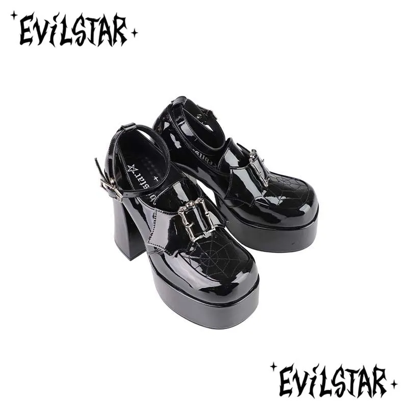 Preppy Style Gothic Women Square Toe High Heels Spring and Autumn Lolita Punk Solid Color Metal Decoration Mary Jane Shoes