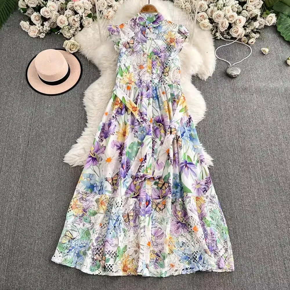 Runway Floral Long Dresses Women 2025 Summer Sleeveless Single Breasted Pearls Embroidery Lace Hollow Out Party Dress Evening