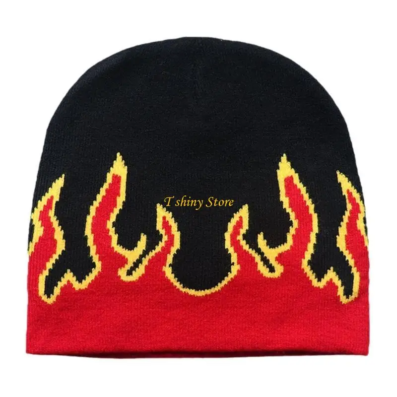 N58F Y2K Knit Beanie Hat Flame Beanie Flame Skull Cap Skullies Beanie