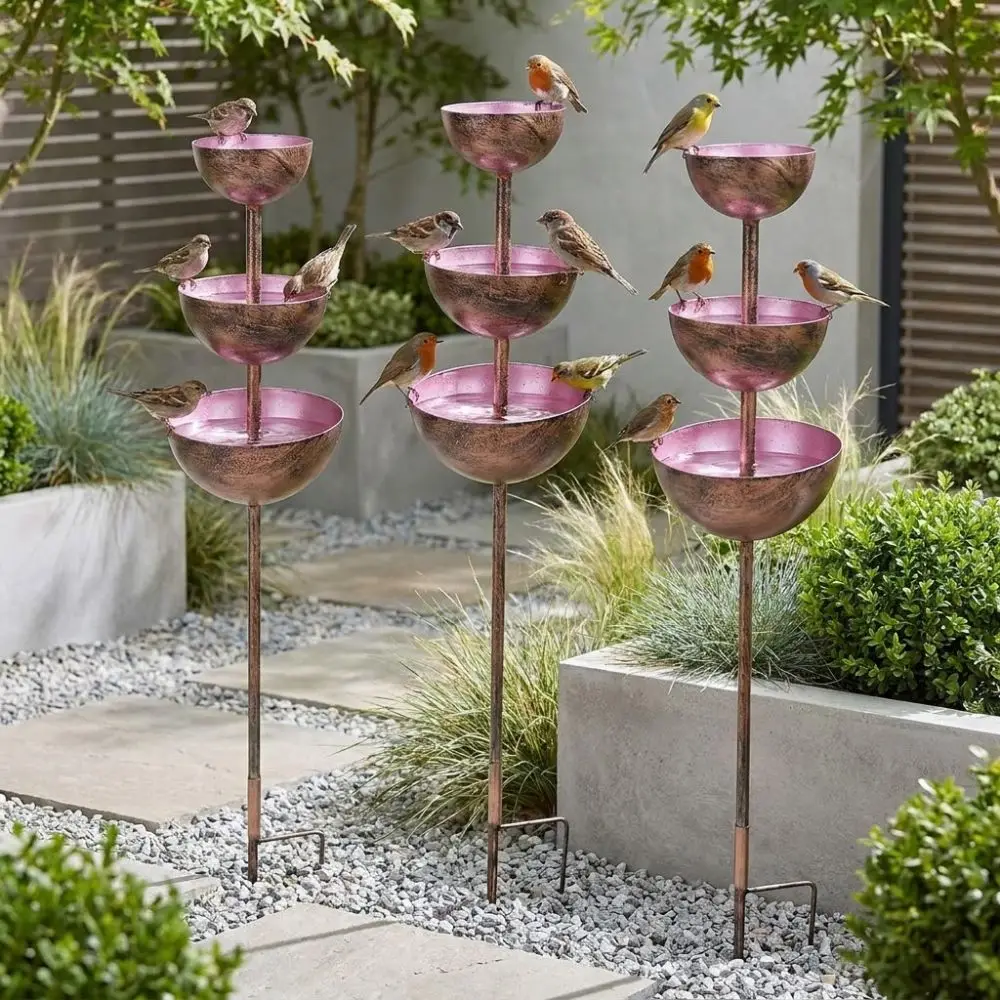 Vintage Iron 3-Tiered Bird Bath Three-layer Bowl Handmade Bird Water Bowls Decorative Garden Stake Bird Feeding Station