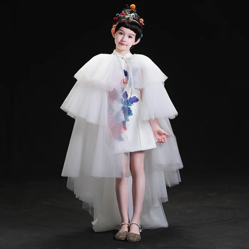 Girls' Dress with Train, Chinese Style, Children's Fashion Show Costume, Long Cheongsam Dress, National Trend Host Performance O