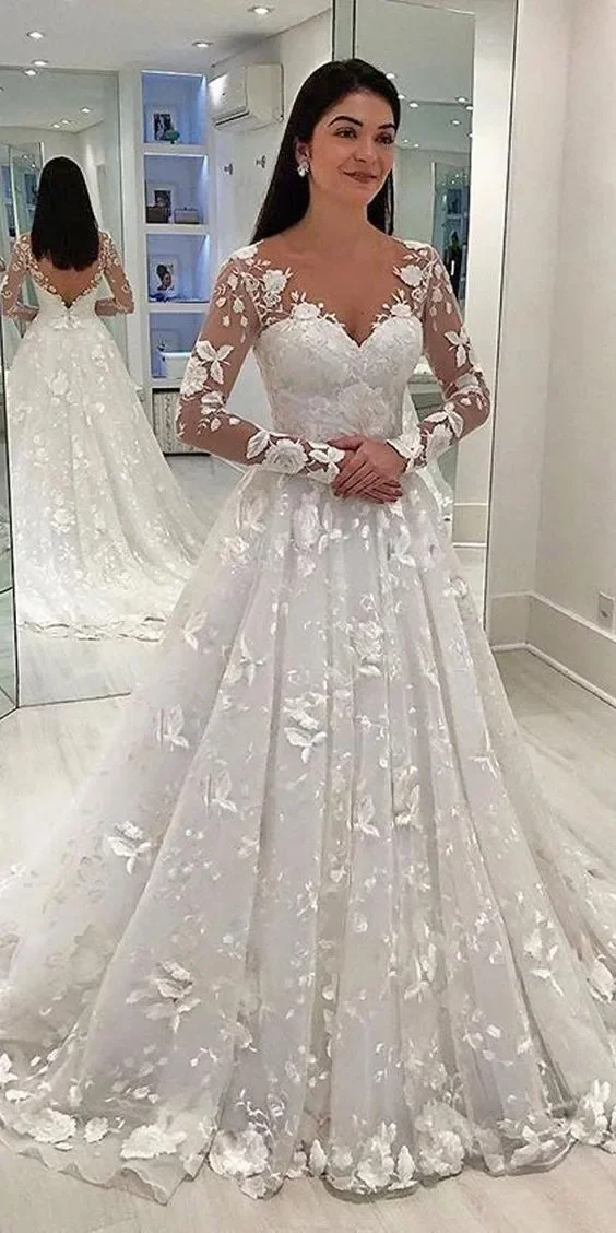 Sexy Women Wedding Dress White Lace Long Dress Deep V Neck Long Mesh Lace Sleeve A Line Pleated Floor Length Bridal Gowns 2024