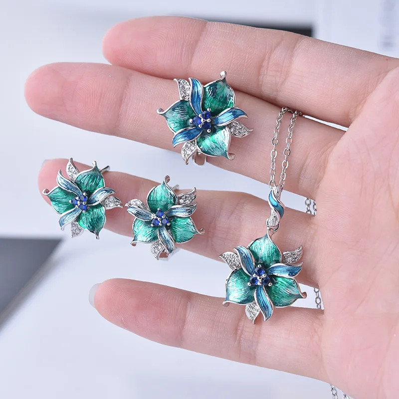 KOFSAC 2020 Fashion Jewelry Sets 925 Silver Earrings For Women Elegant Orchid Enamel Necklaces Rings Lady Valentine's Day Gifts