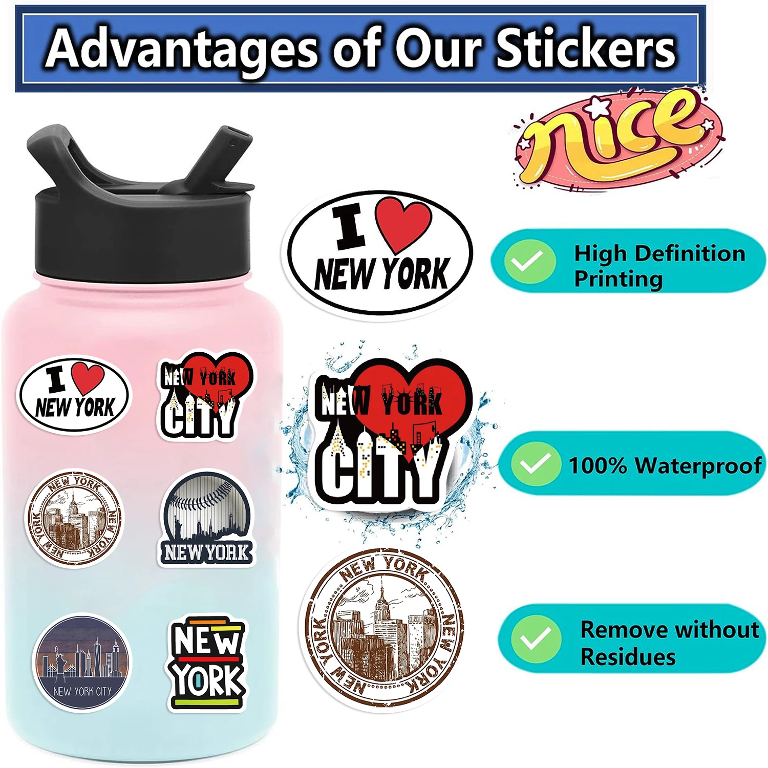 50Pcs New York Stickers America Kawaii Cartoon Decal For Skateboard Bicycle Guitar Laptop Kids Waterproof Stiker Toys