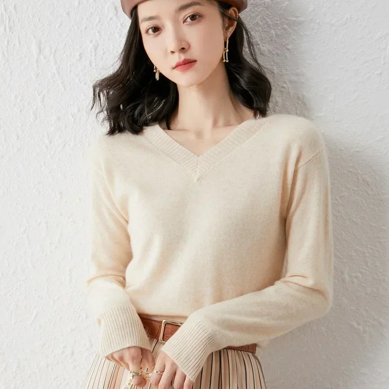 2024 Early Spring New Woolen Sweater Women Pure Wool Knit Pullovers V-neck Long-sleeved Cashmere Sweaters High Strecth