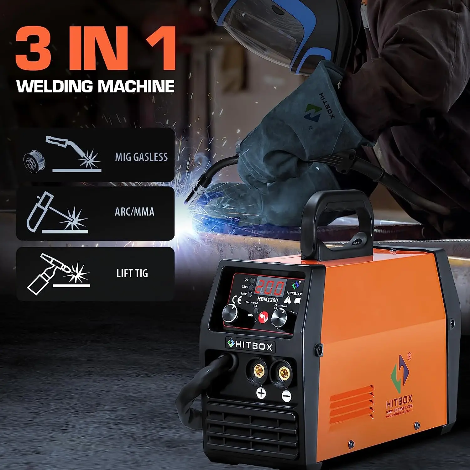 HITBOX Semi-automatic Welding Machine HMB1200 TIG/MMA/MIG 3 In 1 MIG Welder Portable Digital Gasless Inverter Welder