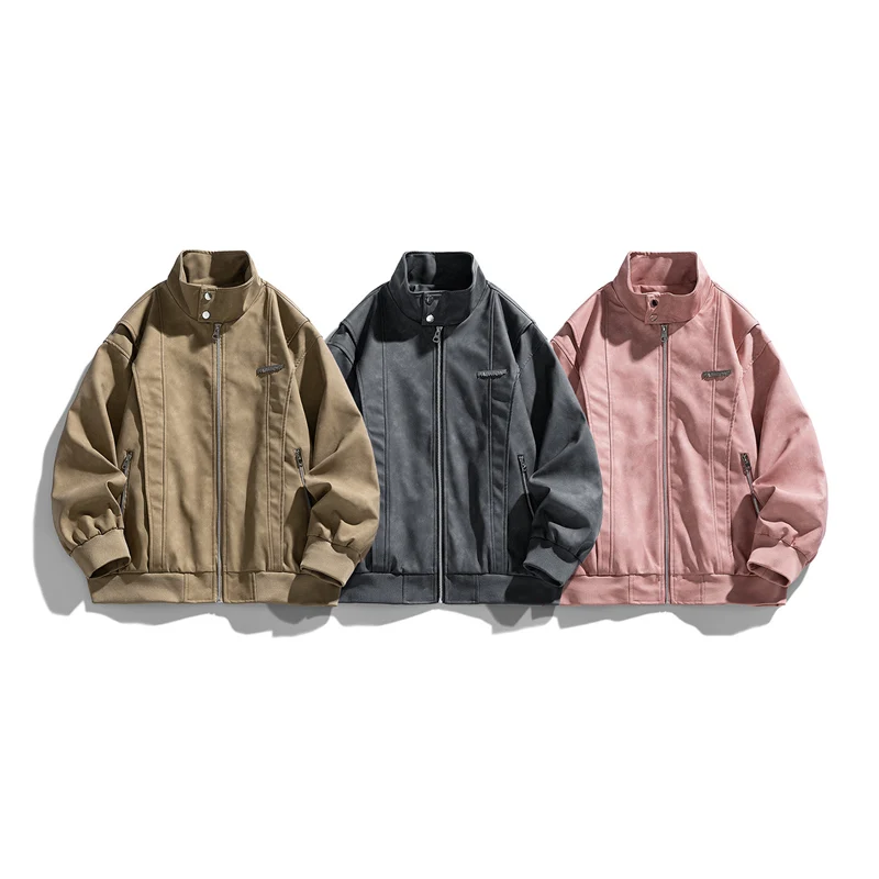 

Men's Autumn Leather Jacket Retro Motorcycle Punk Stand Collar Men's Aviator Jacket Letter Print Long Sleeve Zipper Men's Jacket