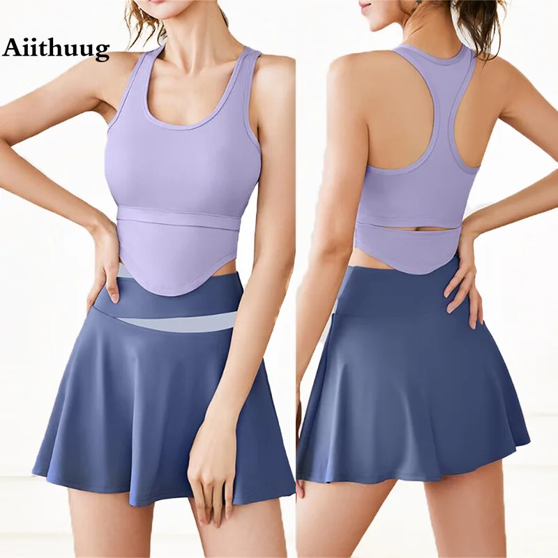 

Aiithuug Yoga Set Yoga Padded Build in Cup Bra Skorts Shorts Skirts Gym Workout Tennis Set Sports Fitness Crop Tops Racer Back