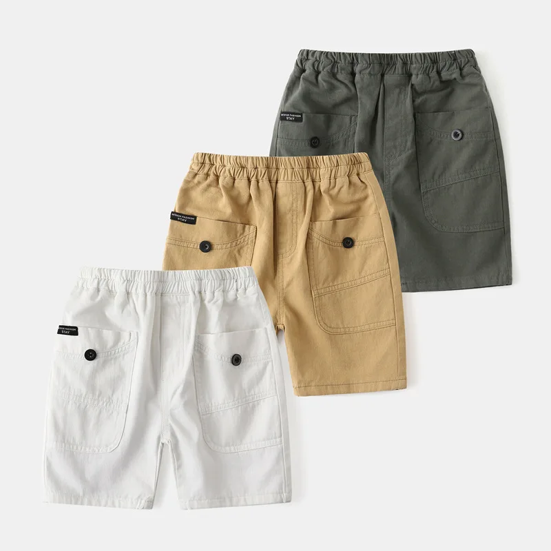 Handsome Boys Shorts Kids Cargo Shorts Elastic Waist Cotton Casual Shorts with Pockets Boys Summer Knee Length Pants 2-10Y