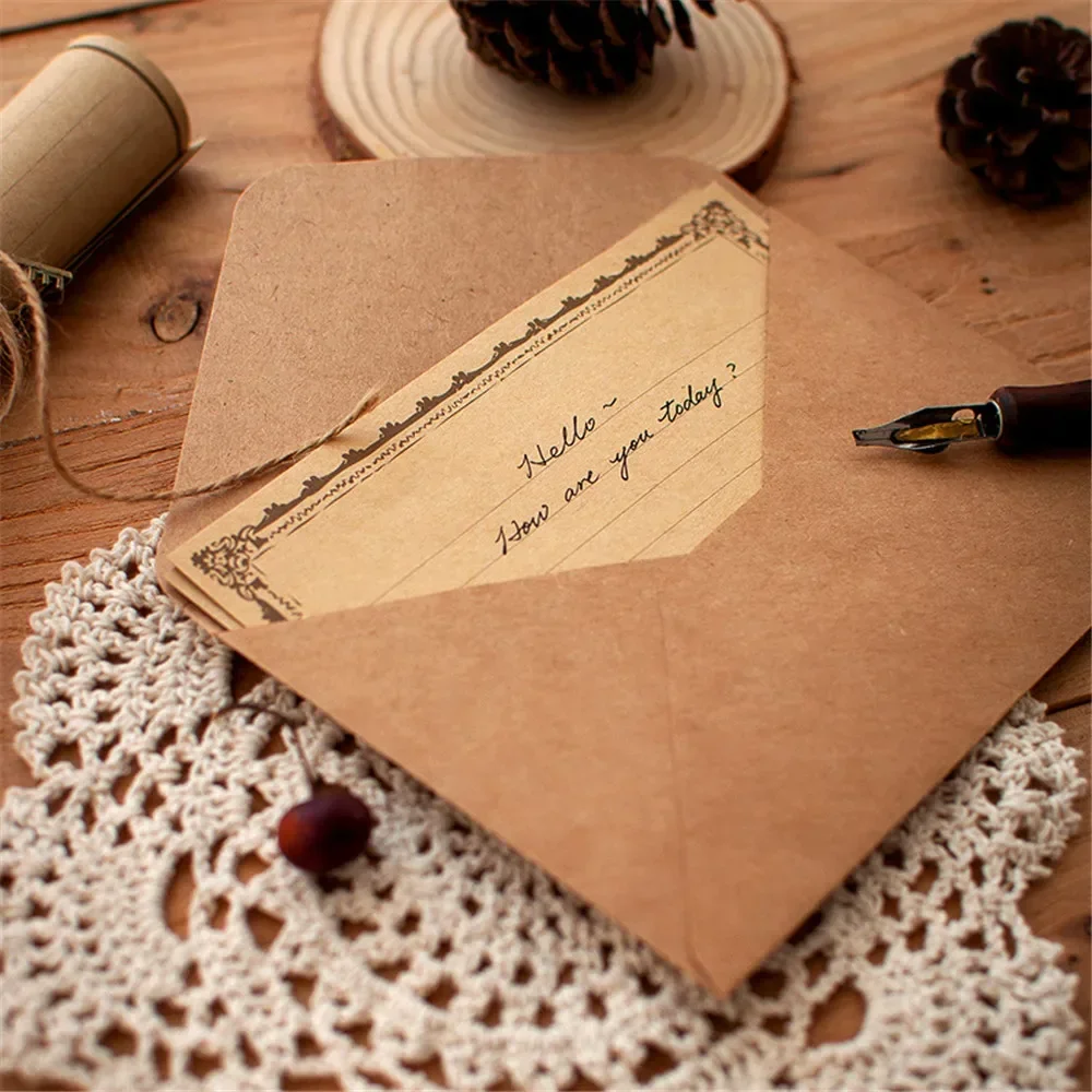12pcs/set Vintage Kraft Letter Envelope Set with Pendant Hemp Rope Accessories Wedding Invitation Pocket Envelope