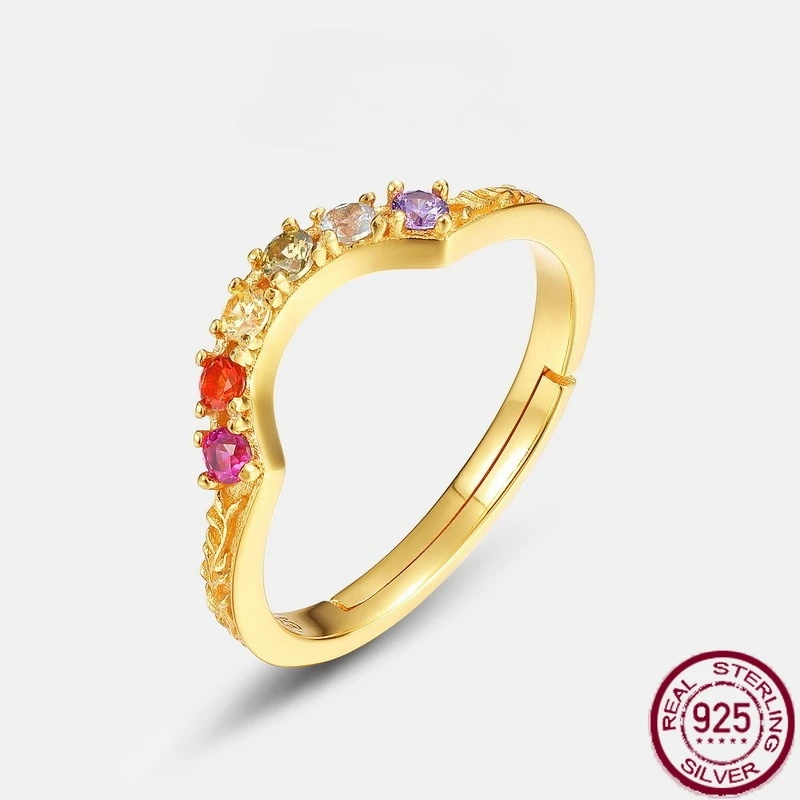 

New S925 Pure Silver Light Luxury Rainbow Bridge Color Zirconia Ring with Silver Inlaid Multi Color Jewelry Wedding Jewelry