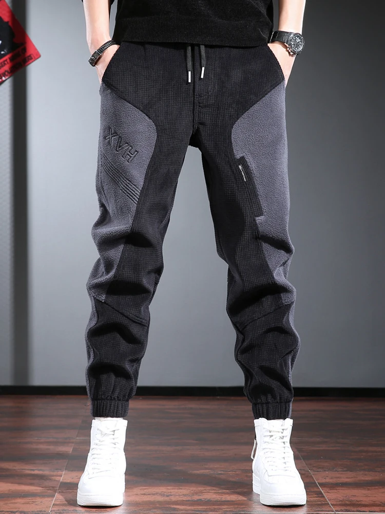 Quality Corduroy Men Casual Pants Fashion Patchwork Drawstring Elastic Waist Haren Pants Sweatpants Bundled Foot Baggy Trousers