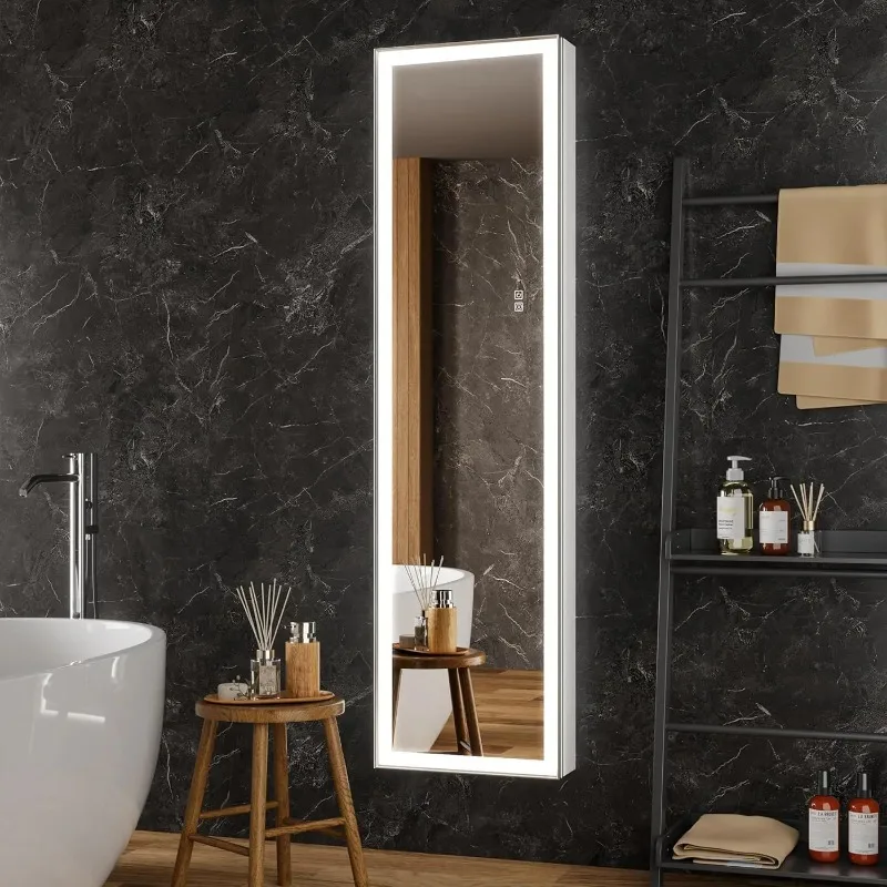16x60 LED Medicine Cabinet Mirror, Brush Nickel Frame, Bathroom W/ Outlet, 5 Shelves & Sensor Light, Customized