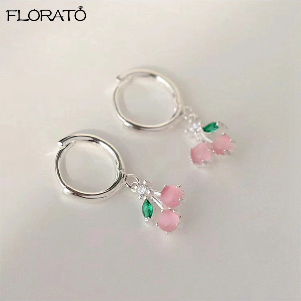 Sweet Pink Crystal Zircon Silver Hoop Earrings for Women Cute Heart Drop Earrings for Girls Fashion Piercing Jewelry Gift