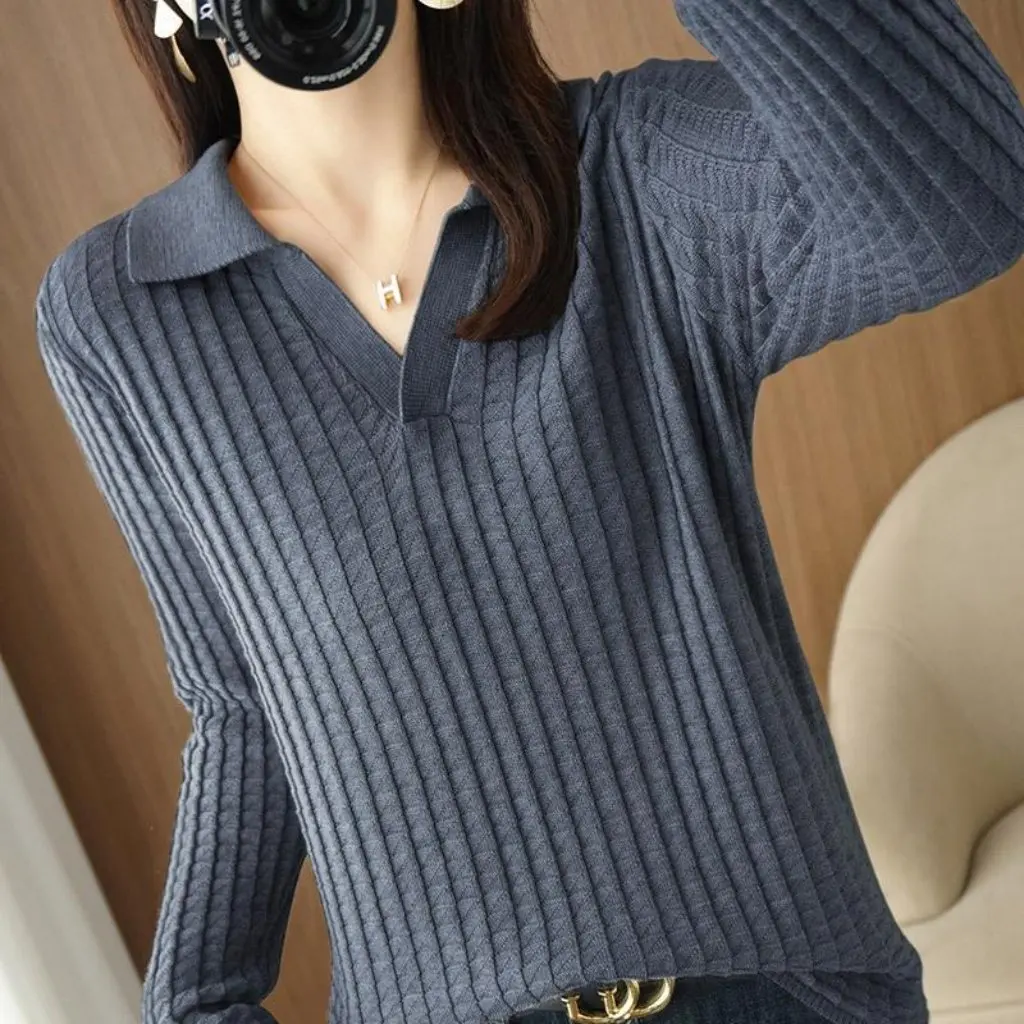 

Женский осенне-зимний пуловер с воротником-поло, свитер с длинными рукавами, свободная короткая шерстяная рубашка с лацканами, универсальная базовая рубашка