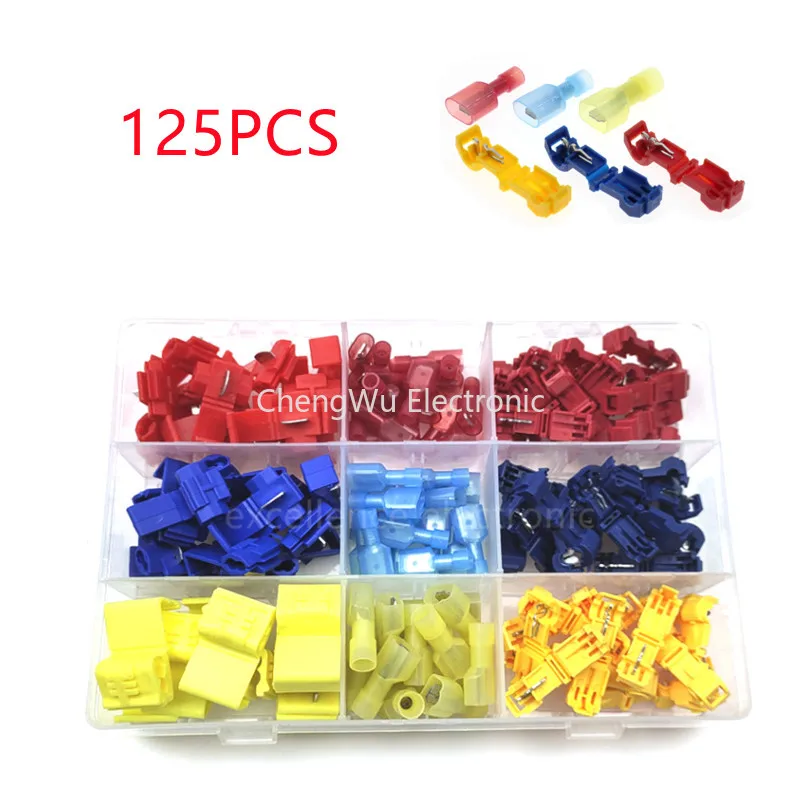 125pcs Boxed T-Shaped Crimp Terminal Blocks Electrical Connector Connection Clamps Quick-Free Stripping Plugs Connector Plug