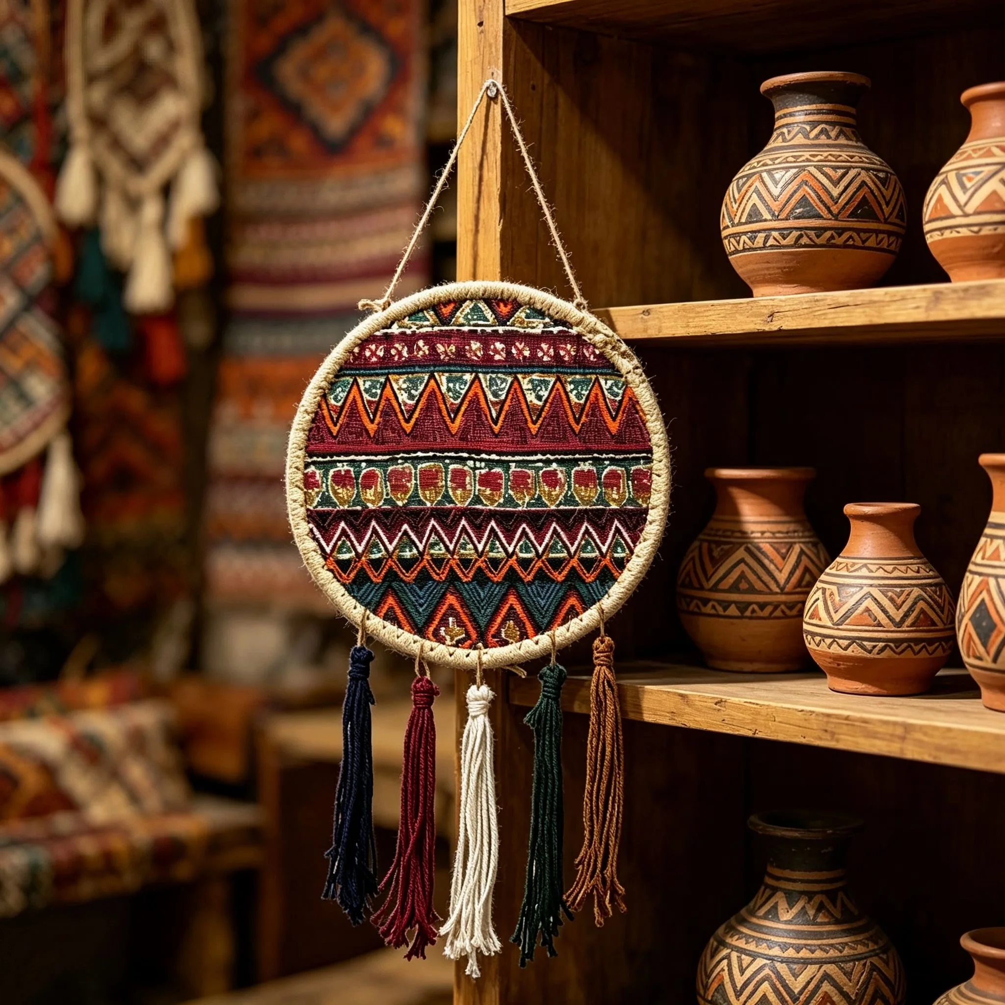 National Style Round Woven Tassel Wall Hanging Boho Ethnic Geometric Pattern Tapestry Handmade Wall Art for Home Room Decor