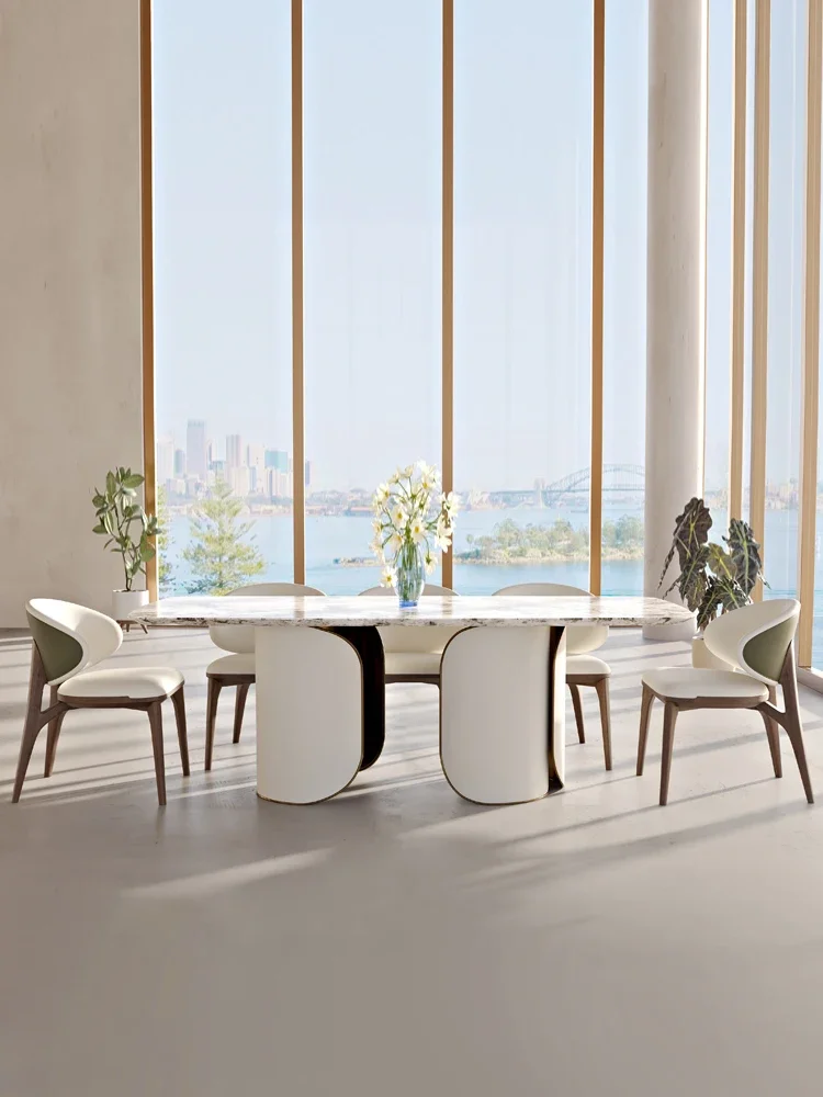 

yj5Marble Rectangular Villa High-End round Hong Kong-Style Light Luxury Dining Table