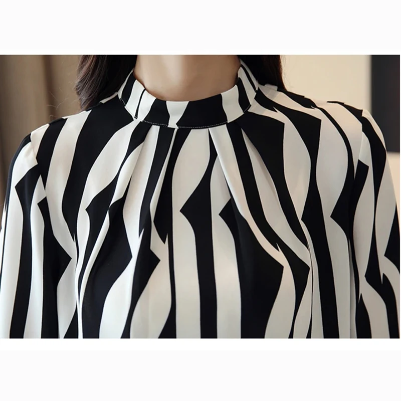 Fashion Stand Collar Blouse Women Long Sleeve Striped Chiffon Shirt Woman Elegant Office Lady Tops Casual Blouses Blusas 0941