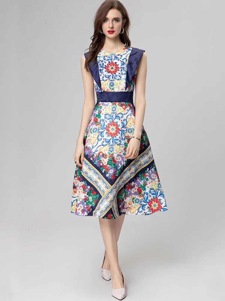 

JUNLINNA Fashion Vintage Beading Printing Dress Summer Women O-Neck Flying Sleeveless Waist Sliming Vestidos