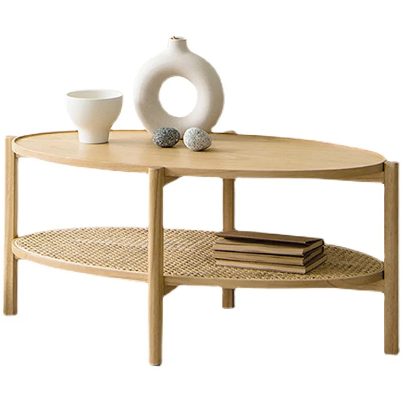 

Japanese-style solid wood rattan double-layer round coffee table living room log wind low table retro tea table combination