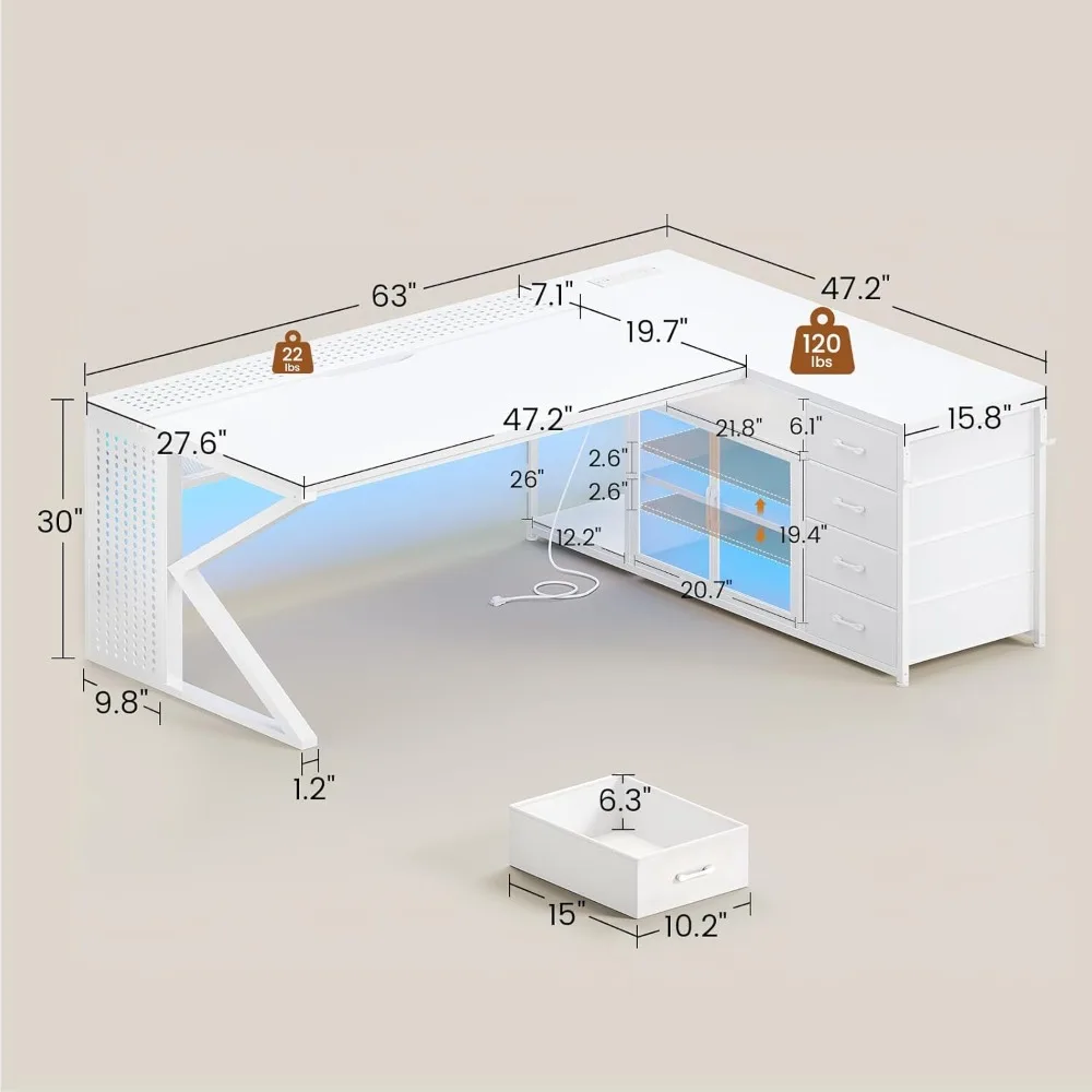 

L Shaped Gaming Desk, 63" Lx27.6 W Computer Desk with 4 Drawers & Display Cabinet, Executive Office Desk, Customized