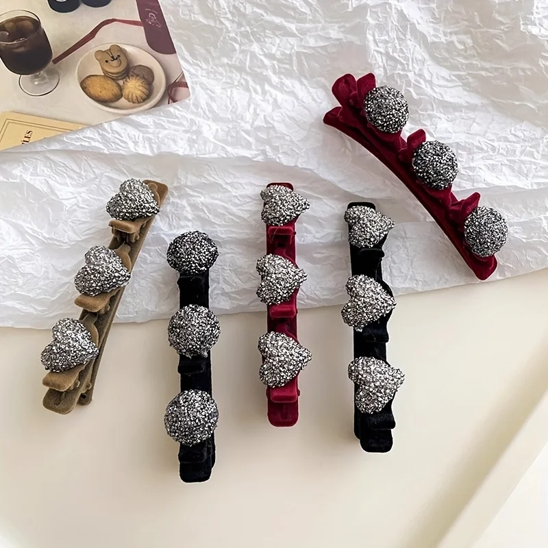 1Pc Velvet Sparkling Diamond Love Hair Clip Set for Parties,dates,sweet Styling,daily Versatility  Multiple Styles Choose From
