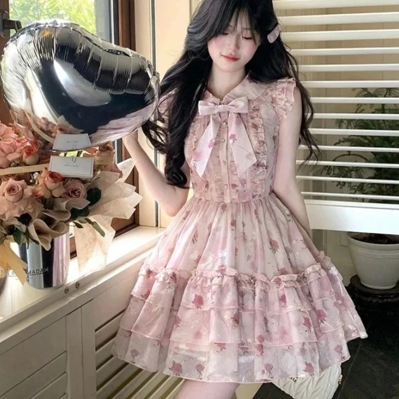 

Women Floral Mini Dress French Bow Sweet Butterfly Sleeve Ball Gown Dress Summer Elegant O Neck Kawaii Female Cake Dress New