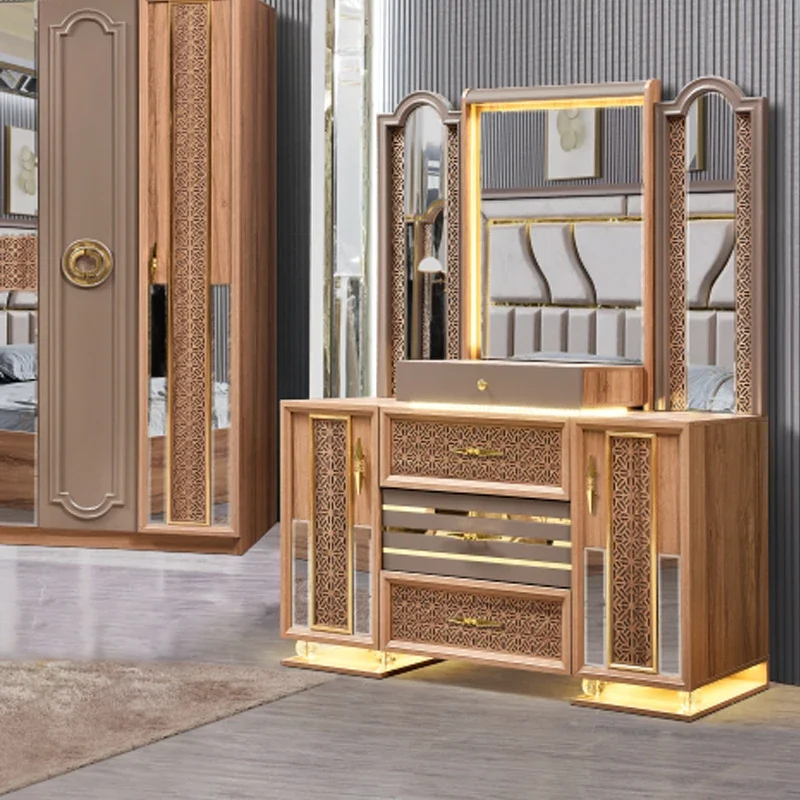 

A Modern Luxury King Size Wooden Frame Bed Room Set Double Home Classic Wood Lighted Headboard Full Bedroom Sets Furniture